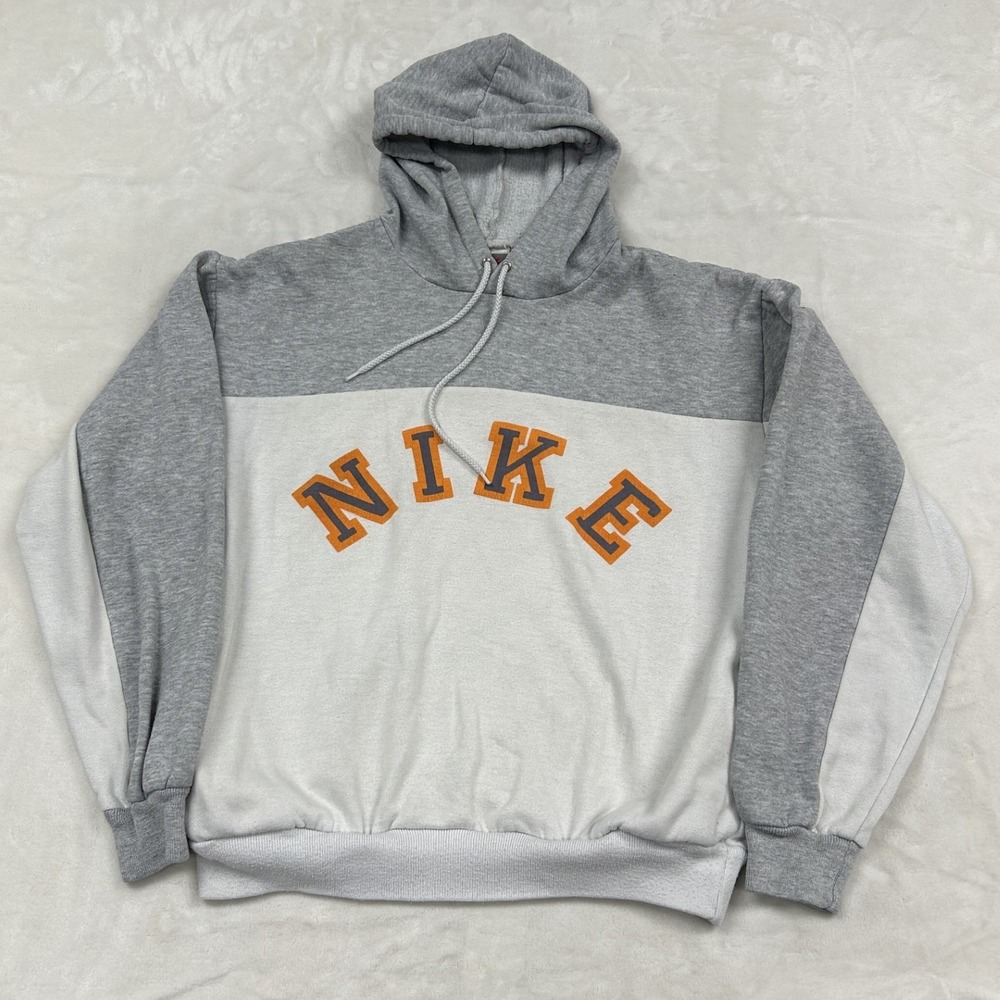 90s Nike Hoodie Mens M Grey Colorblock Vintage Arched Logo Pullover Sweatshirt